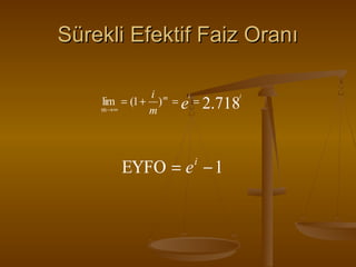 Sürekli Efektif Faiz Oranı
i m
i
i
lim = (1 + ) = e = 2.718
m→∞
m

EYFO = e − 1
i

 