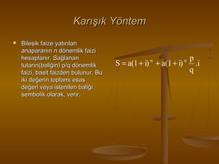 Karışık Yöntem


Bileşik faize yatırılan
anaparanın n dönemlik faizi
hesaplanır. Sağlanan
tutarın(baliğin) p/q dönemlik
faizi, basit faizden bulunur. Bu
iki değerin toplamı esas
değeri veya istenilen baliği
sembolik olarak, verir.

p
S = a(1 + i) + a(1 + i)
.i
q
n

n

 