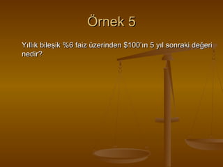 Örnek 5
Yıllık bileşik %6 faiz üzerinden $100’ın 5 yıl sonraki değeri
nedir?

 