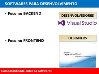 SOFTWARES PARA DESENVOLVIMENTO

   Foco no BACKEND
                                     DESENVOLVEDORES




                                        DESIGNERS
   Foco no FRONTEND




Compatibilidade entre os softwares
 