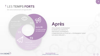 Le public partage 
ses expériences 
http://innoecho.com 
Disruptive technologies for a better world 
6 
LES TEMPS FORTS 
De votre évènement en ligne & AFK 
Pendant 02 
Le public interagit 
avec l’événement 
en live. Après 03 
01 
02 
03 
Avant 01 
Le public devient 
acteur, il s’intéresse 
et participe 
Après 
PROLONGER L’ÉVÈNEMENT 
ÉLARGIR LES CONTACTS 
PARTAGER L’EXPÉRIENCE 
COMMUNIQUER AUTOUR DE « L’ÉVÈNEMENT DONT 
LESGENS PARLENT » 
 