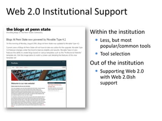 Web 2.0 Institutional SupportWithin the institutionLess, but most popular/common tools