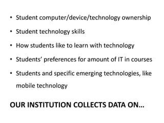 Student computer/device/technology ownershipStudent technology skillsHow students like to learn with technology Students’ preferences for amount of IT in coursesStudents and specific emerging technologies, like mobile technology Our institution collects data on…