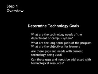Determine Technology Goals
• What are the technology needs of the
department or campus system?
• What are the long-term goals of the program
What are the objectives for learners
• Are there gaps and needs with current
technology being used?
• Can these gaps and needs be addressed with
technological resources?
Step 1
Overview
 
