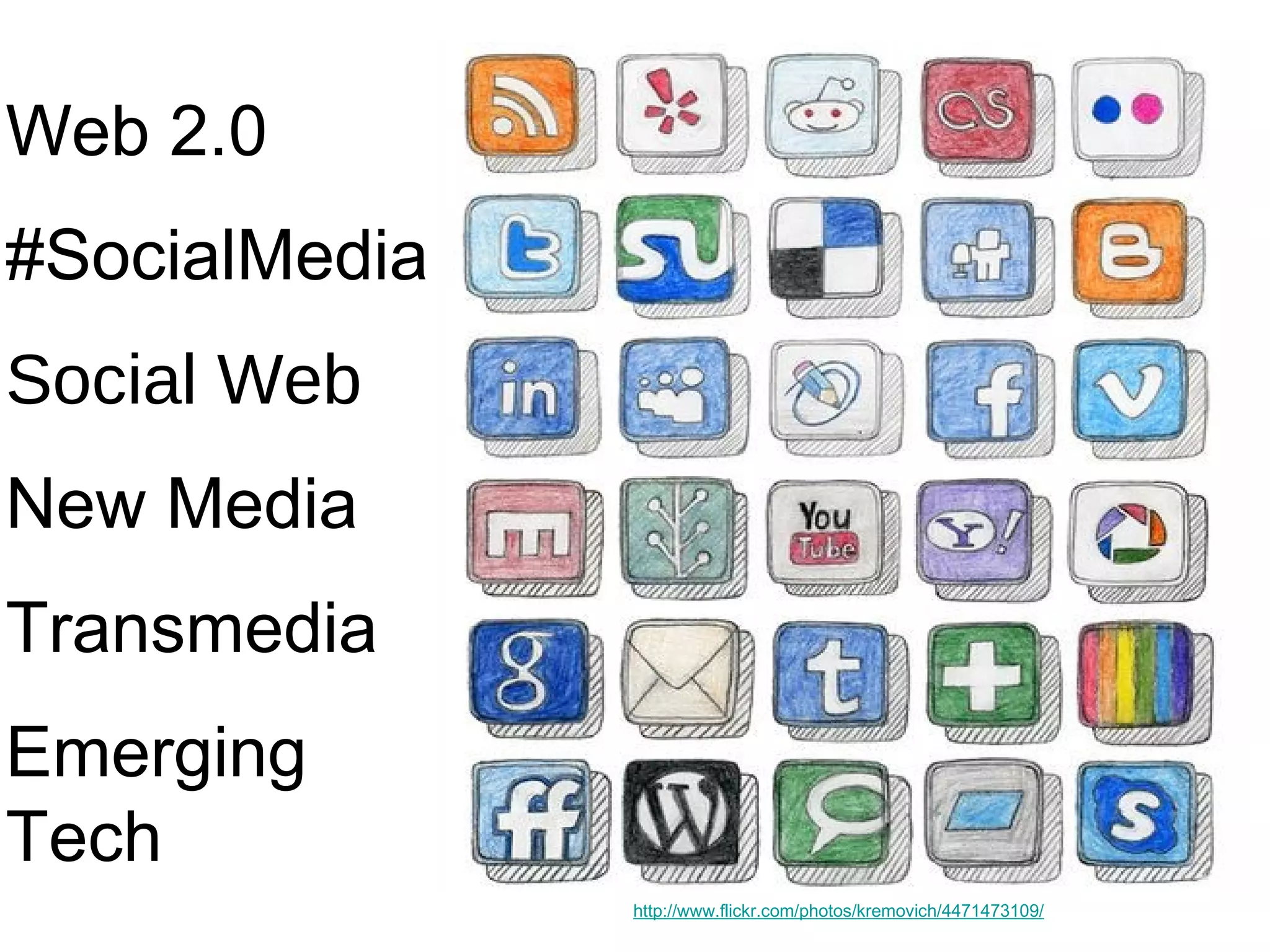 Image c/o Luke Mahan http://www.flickr.com/photos/kremovich/4471473109/
Web 2.0
#SocialMedia
Social Web
New Media
Transmedia
Emerging
Tech
 