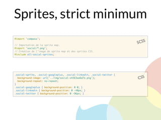 Sprites, strict minimum
@import "compass";
// Importation de la sprite map.
@import "social/*.png";
// Création de l'image de sprite map et des sprites CSS.
@include all-social-sprites;
SCSS
.social-sprite, .social-googleplus, .social-linkedin, .social-twitter {
background-image: url('../img/social-s4363aa6d7e.png');
background-repeat: no-repeat;
}
.social-googleplus { background-position: 0 0; }
.social-linkedin { background-position: 0 -48px; }
.social-twitter { background-position: 0 -96px; }
CSS
 