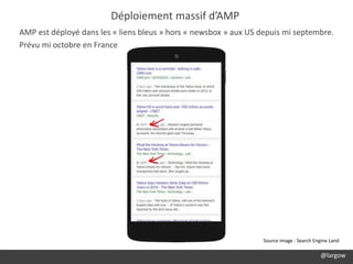 Déploiement massif d’AMP
AMP est déployé dans les « liens bleus » hors « newsbox » aux US depuis septembre 2016
@largow
Source image : Search Engine Land
 