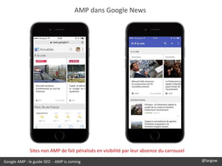 AMP dans Google News
Google AMP : le guide SEO - AMP is coming @largow
Sites non AMP de fait pénalisés en visibilité par leur absence du carrousel
 