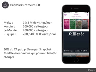 Premiers retours FR
@largow
Melty : 1 à 2 M de visites/jour
Konbini : 500 000 visites/jour
Le Monde : 200 000 visites/jour
L’Equipe : 200 / 400 000 visites/jour
50% du CA pub prélevé par Snapchat
Modèle économique qui pourrait bientôt
changer
 