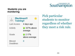 Pick particular
students to monitor
regardless of whether
they meet a risk rule.
66
 