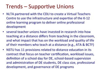 Trends	–	Suppor-ve	Unions	
•  NLTA	partnered	with	the	CDLI	to	create	a	Virtual	Teachers	
Centre	to	use	the	infrastructure	and	exper-se	of	the	K-12	
online	learning	program	to	deliver	online	professional	
development	
•  several	teacher	unions	have	invested	in	research	into	how	
teaching	at	a	distance	diﬀers	from	teaching	in	the	classroom,	
and	what	impact	that	has	on	the	workload	and	quality	of	life	
of	their	members	who	teach	at	a	distance	(e.g.,	ATA	&	BCTF)	
•  NSTU	has	11	provisions	related	to	distance	educa-on	in	its	
contract	that	focus	on	teacher	cer-ﬁca-on,	workload	issues,	
deﬁni-on	of	a	school	day	for	DE,	school-based	supervision	
and	administra-on	of	DE	students,	DE	class	size,	professional	
development,	and	governance	of	DE	programs	
 