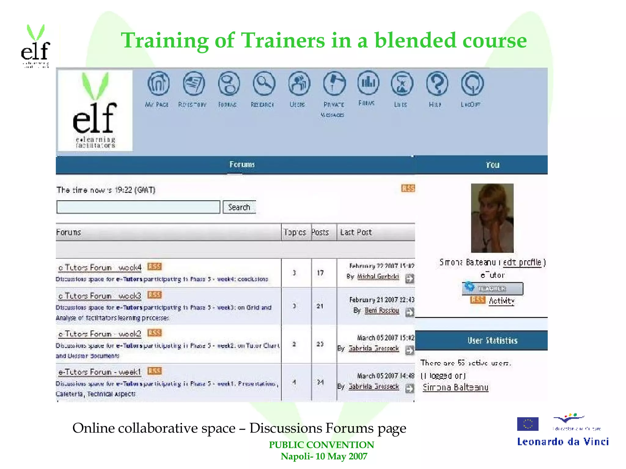 Training of Trainers in a blended course Online collaborative space – Discussions Forums page 