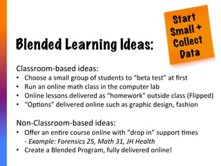 Structured	
  
Timelines	
  
	
  
	
  
	
  
Marks	
  
Driven	
  
Self-­‐paced	
  
Progress	
  
	
  
	
  
	
  
Mo&vators	
  
Gamiﬁed,	
  ELO’s	
  
Pace	
  +	
  Freedom	
  
	
  
	
  
	
  
	
  
Mo&va&on	
  +	
  Engagement	
  
	
  
	
  
	
  
	
  
	
  
The Perfect Blend (for You)
Proﬁle	
  Example	
  
 
