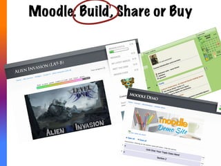 -­‐  Purchase	
  a	
  hosAng	
  plan	
  with	
  a	
  company	
  
like	
  godaddy.com	
  	
  or	
  moodlerooms	
  
	
  
-­‐  Host	
  your	
  moodle	
  on	
  the	
  server	
  at	
  the	
  
school	
  
Moodle is free
but needs to be hosted online,
like a website.
 