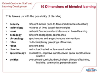 10 Dimensions of blended learning This leaves us with the possibility of blending delivery different modes (face-to-face and distance education) technology   mixtures of (web based) technologies locus   authentic/work-based and class-room based learning pedagogy different pedagogical approaches chronology   synchronous and a-synchronous interventions roles   multi-disciplinary groupings of learners focus different aims direction instructor-directed vs. learner-directed epistemology   associative, cognitive constructivist, social constructivist, situative politics overt/covert curricula; direct/indirect objects of learning, flexibility, community, personalisation 