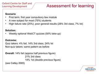 Assessment for learning Scenario First term, first year compulsory law module A new subject for most (75%) students High failure rate (25%), poor general results (28% 3rd class, 7% Ist) Solution: Weekly optional WebCT quizzes (50% take-up) Outcome:   Quiz takers: 4% fail, 14% 3rd class, 24% Ist Non-quiz takers: same pattern as before Overall: 14% fail (approx half previous figure) 21% 3rd class 14% 1st (double previous figure) (see Catley 2005) 