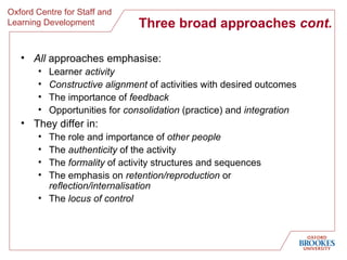 Three broad approaches  cont. <ul><li>All  approaches emphasise: </li></ul><ul><ul><li>Learner  activity </li></ul></ul><u...