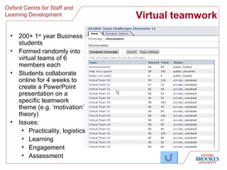 Virtual teamwork <ul><li>200+ 1 st  year Business students </li></ul><ul><li>Formed randomly into virtual teams of 6 membe...