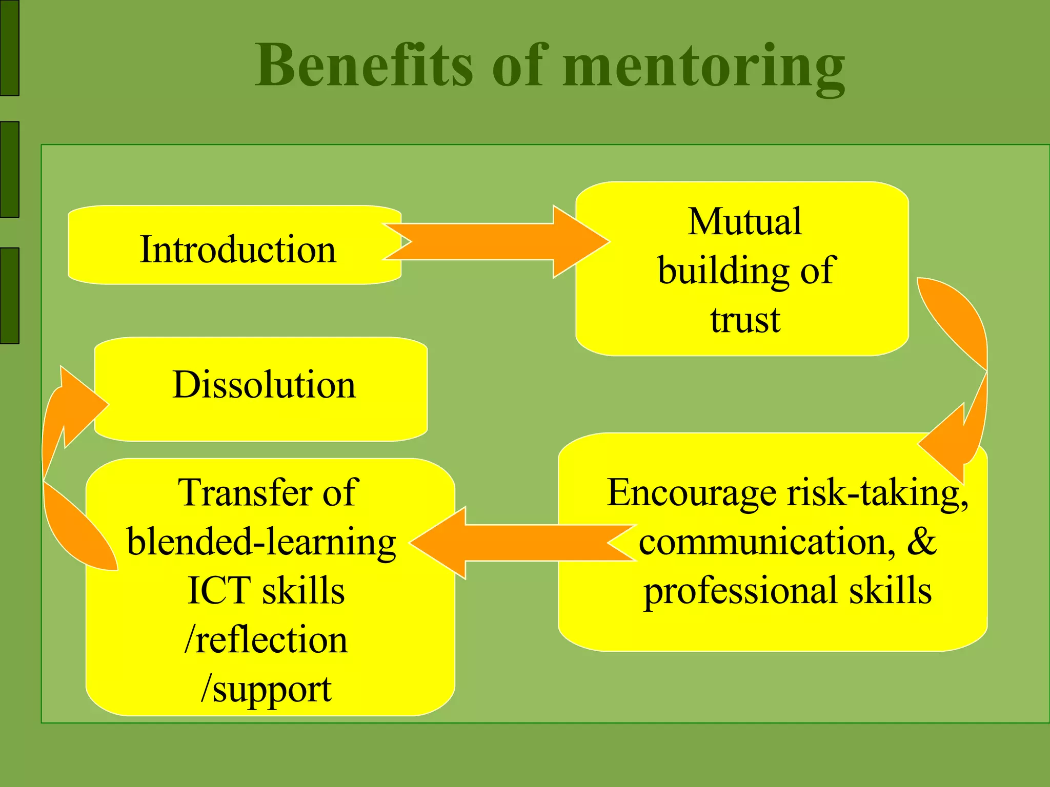 Benefits of mentoring Mutual building of trust Introduction Encourage risk-taking, communication, & professional skills Transfer of blended-learning  ICT skills /reflection /support Dissolution 