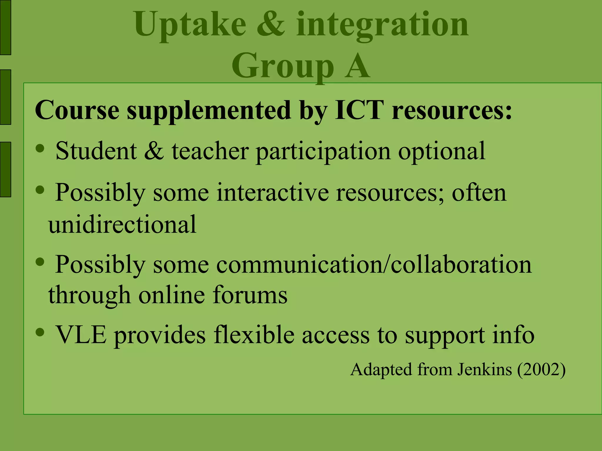 Uptake & integration Group A Course supplemented by ICT resources: Student & teacher participation optional Possibly some interactive resources; often unidirectional Possibly some communication/collaboration through online forums VLE provides flexible access to support info Adapted from Jenkins (2002) 