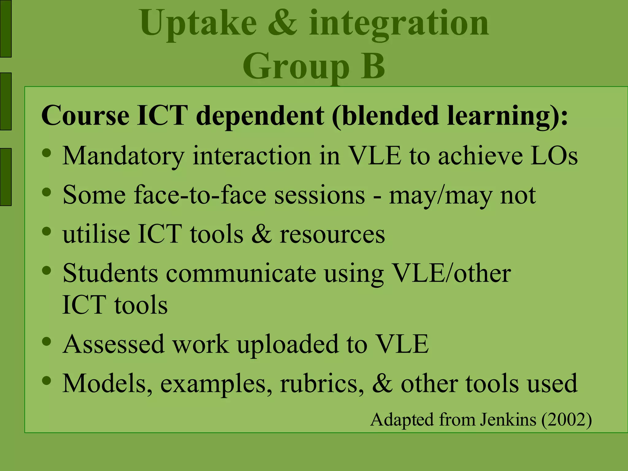 Uptake & integration Group B Course ICT dependent (blended learning): Mandatory interaction in VLE to achieve LOs Some face-to-face sessions - may/may not utilise ICT tools & resources Students communicate using VLE/other ICT tools Assessed work uploaded to VLE Models, examples, rubrics, & other tools used Adapted from Jenkins (2002) 