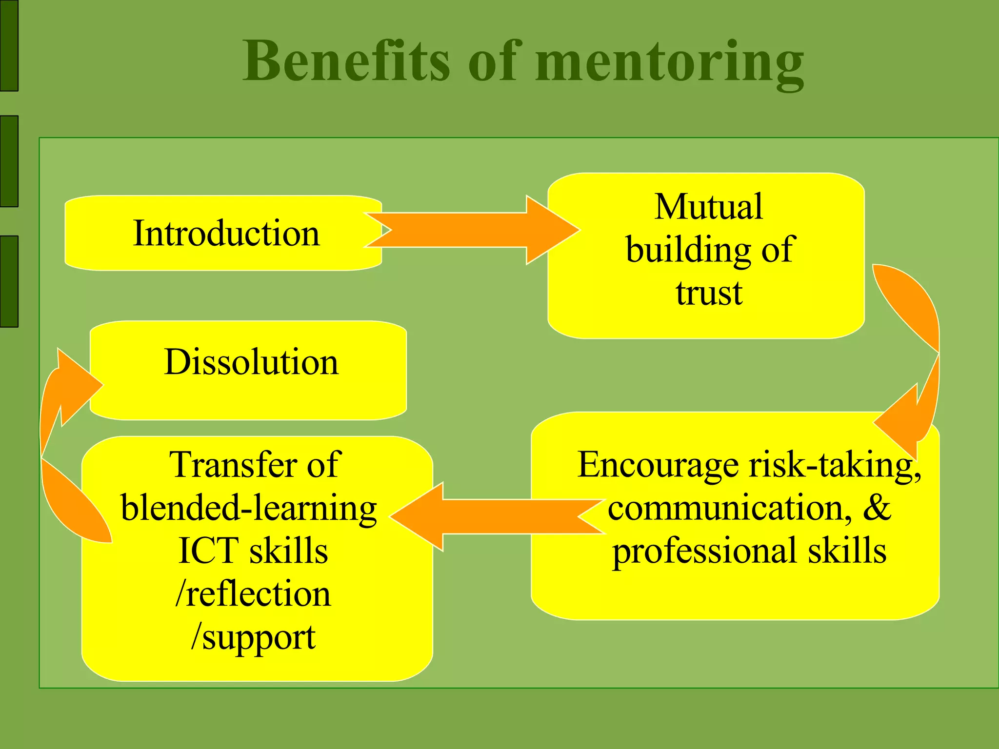 Benefits of mentoring Mutual building of trust Introduction Encourage risk-taking, communication, & professional skills Transfer of blended-learning  ICT skills /reflection /support Dissolution 