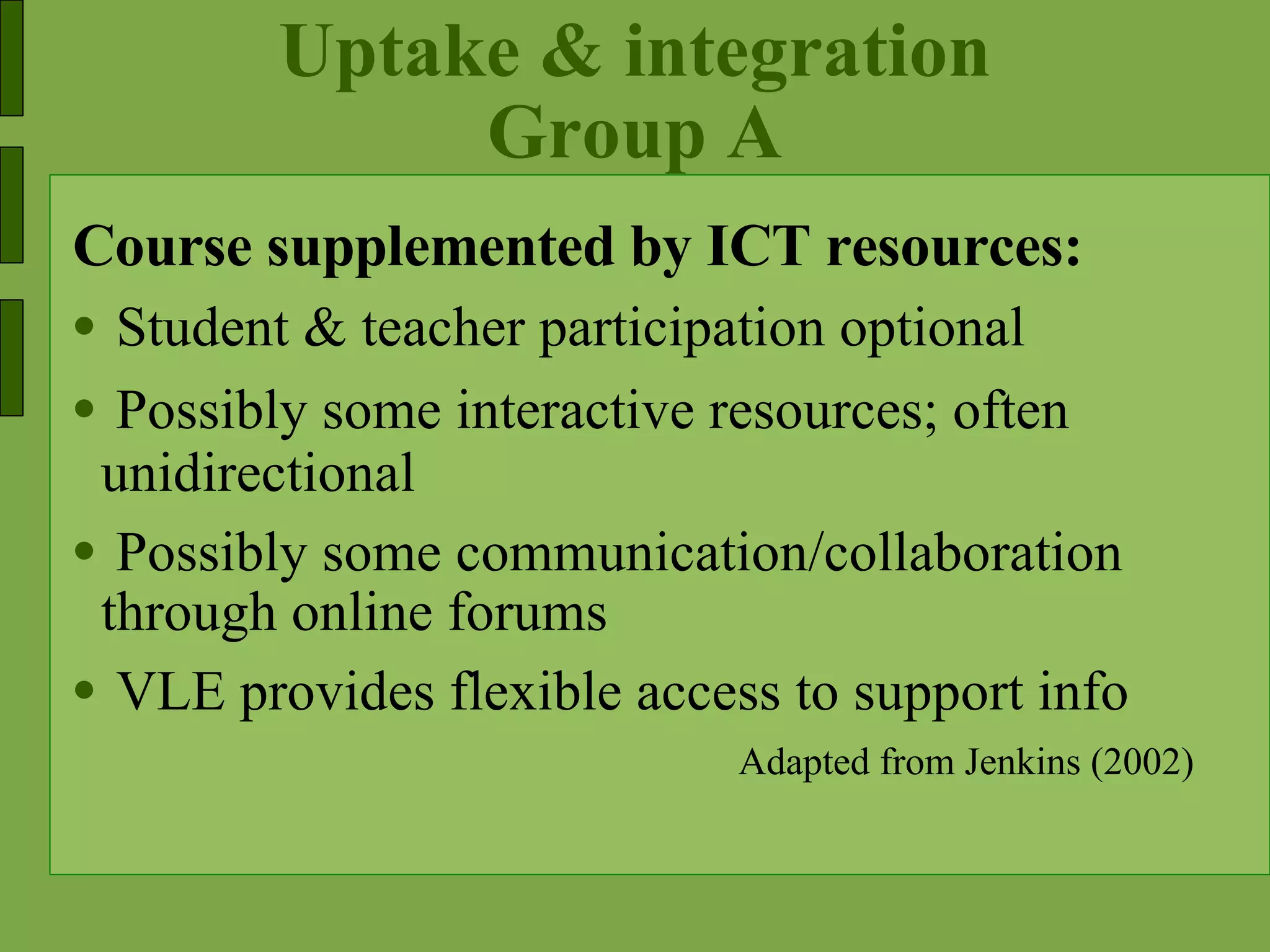 Uptake & integration Group A Course supplemented by ICT resources: Student & teacher participation optional Possibly some interactive resources; often unidirectional Possibly some communication/collaboration through online forums VLE provides flexible access to support info Adapted from Jenkins (2002) 