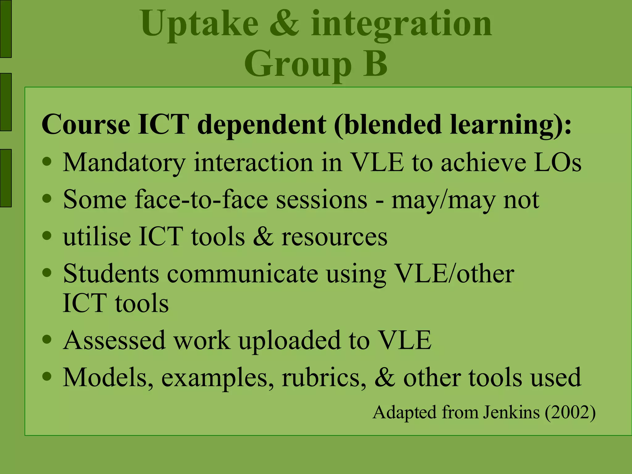 Uptake & integration Group B Course ICT dependent (blended learning): Mandatory interaction in VLE to achieve LOs Some face-to-face sessions - may/may not utilise ICT tools & resources Students communicate using VLE/other ICT tools Assessed work uploaded to VLE Models, examples, rubrics, & other tools used Adapted from Jenkins (2002) 