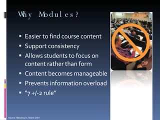 Why Modules? Easier to find course content Support consistency Allows students to focus on content rather than form Content becomes manageable  Prevents information overload “ 7 +/-2 rule” Source: Blending In, March 2007 