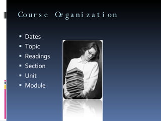 Course Organization Dates Topic Readings  Section Unit Module  