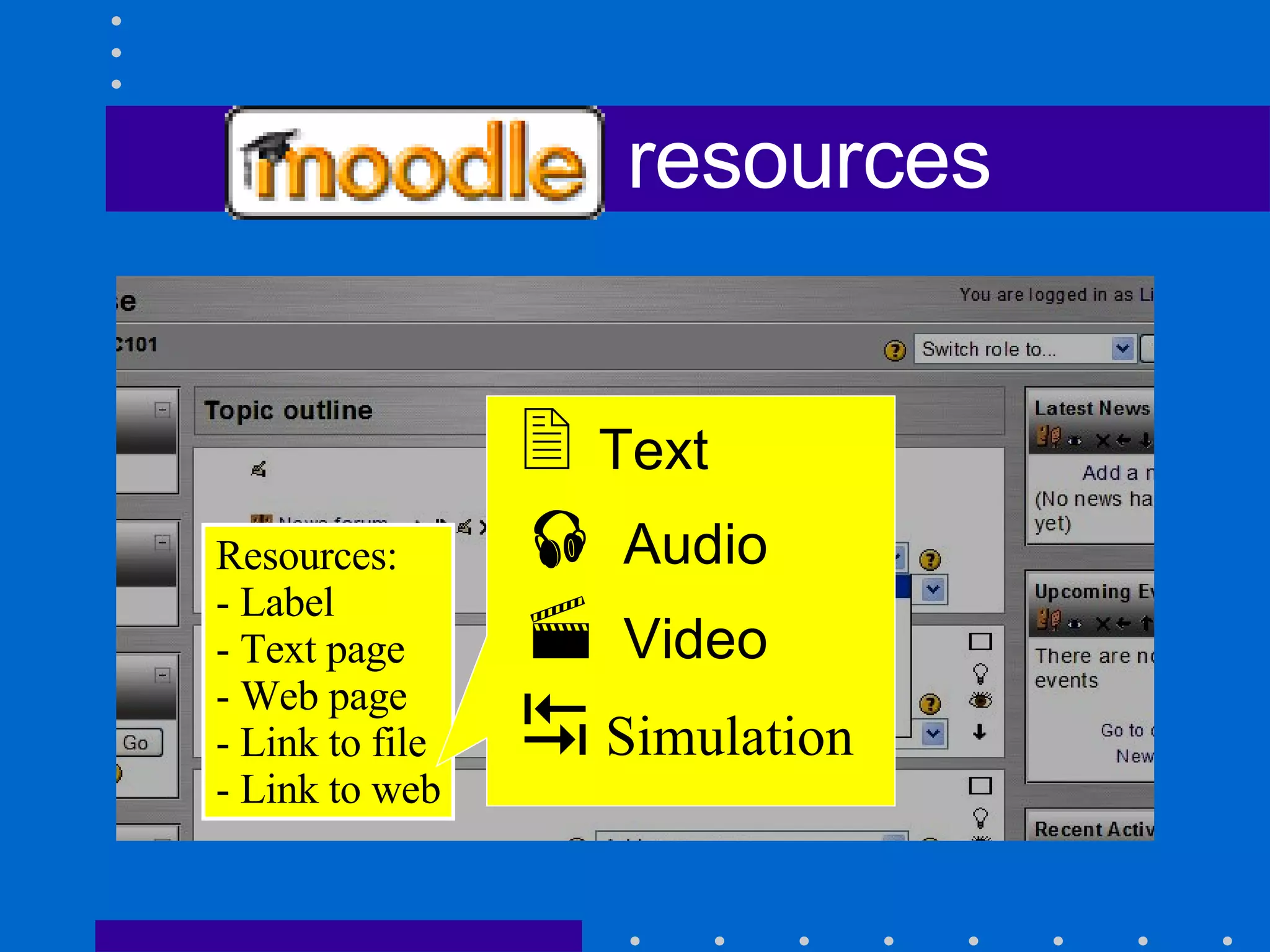 Moodle resources Resources: - Label - Text page - Web page - Link to file - Link to web    Text    Audio    Video    Simulation 
