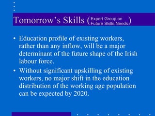 Tomorrow’s Skills (  ) Education profile of existing workers, rather than any inflow, will be a major determinant of the future shape of the Irish labour force.  Without significant upskilling of existing workers, no major shift in the education distribution of the working age population can be expected by 2020.  Expert Group on Future Skills Needs 