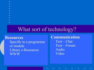 What sort of technology? Resources Specific to a programme or module Library e-Resources WWW Communication Text – Chat Text – Forum Audio Video 