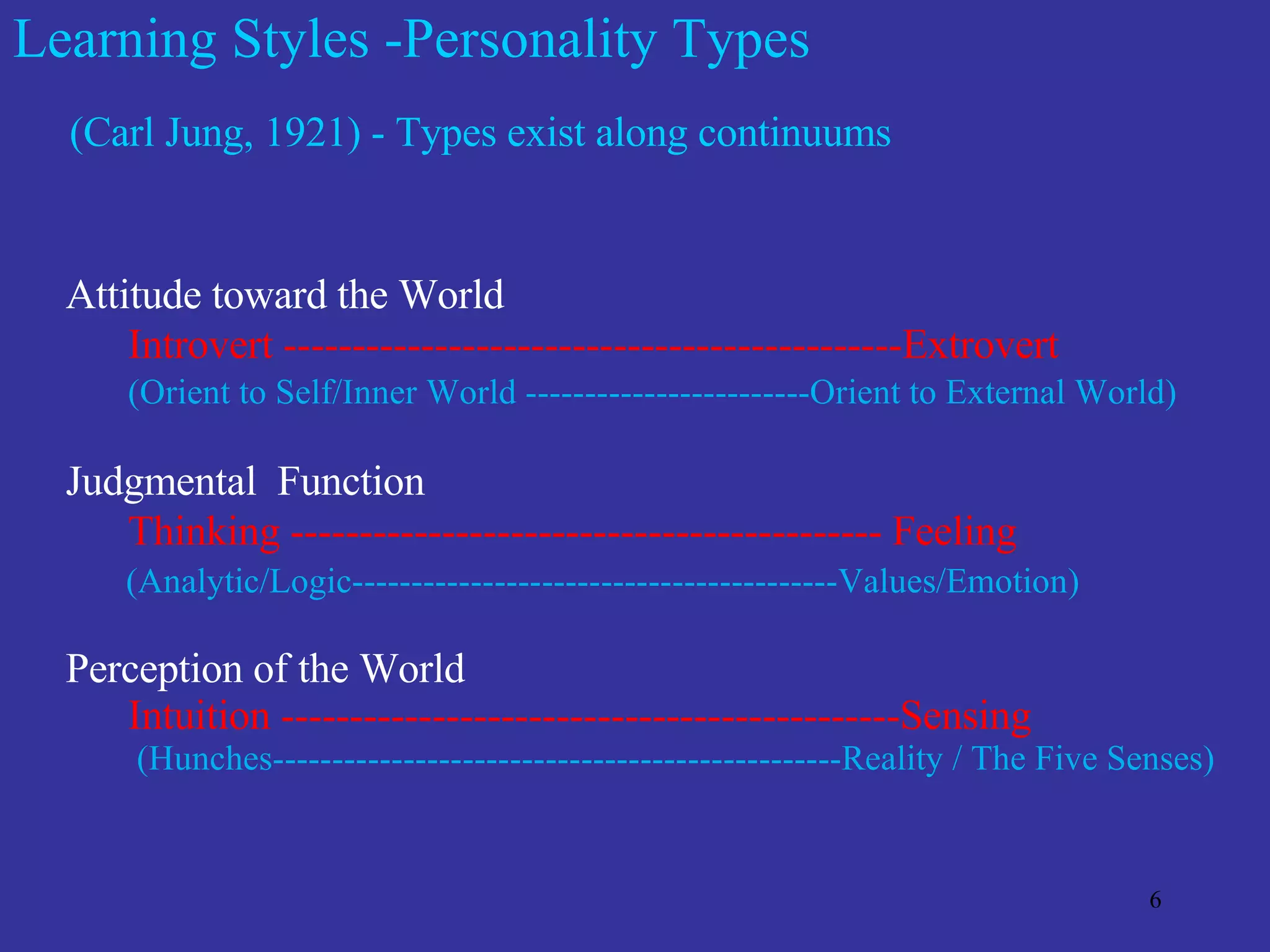 Learning Styles -Personality Types (Carl Jung, 1921) - Types exist along continuums  Attitude toward the World Introvert ---------------------------------------------Extrovert (Orient to Self/Inner World ------------------------Orient to External World) Judgmental  Function Thinking ------------------------------------------- Feeling (Analytic/Logic-----------------------------------------Values/Emotion) Perception of the World Intuition ---------------------------------------------Sensing (Hunches------------------------------------------------Reality / The Five Senses) 