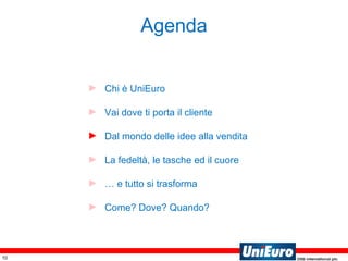 Agenda Chi è UniEuro Vai dove ti porta il cliente Dal mondo delle idee alla vendita La fedeltà, le tasche ed il cuore …  e tutto si trasforma Come? Dove? Quando?  