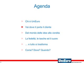 Agenda Chi è UniEuro Vai dove ti porta il cliente Dal mondo delle idee alla vendita La fedeltà, le tasche ed il cuore …  e tutto si trasforma Come? Dove? Quando?  