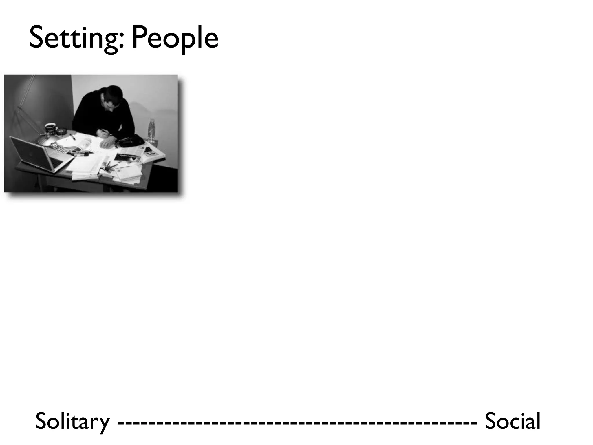 Setting: People




Solitary ---------------------------------------------- Social
 
