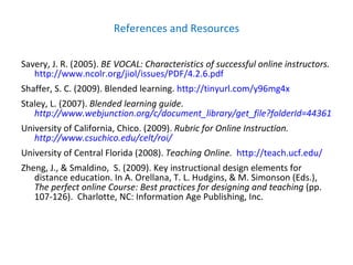 References and Resources Savery, J. R. (2005).  BE VOCAL: Characteristics of successful online instructors.   http://www.ncolr.org/jiol/issues/PDF/4.2.6.pdf Shaffer, S. C. (2009). Blended learning.  http://tinyurl.com/y96mg4x Staley, L. (2007).  Blended learning guide.  http://www.webjunction.org/c/document_library/get_file?folderId=443615&name=DLFE-12302.pdf University of California, Chico. (2009).  Rubric for Online Instruction.  http://www.csuchico.edu/celt/roi/ University of Central Florida (2008).  Teaching Online.   http://teach.ucf.edu/ Zheng, J., & Smaldino,  S. (2009). Key instructional design elements for distance education. In A. Orellana, T. L. Hudgins, & M. Simonson (Eds.),  The perfect online Course: Best practices for designing and teaching  (pp. 107-126).  Charlotte, NC: Information Age Publishing, Inc. 