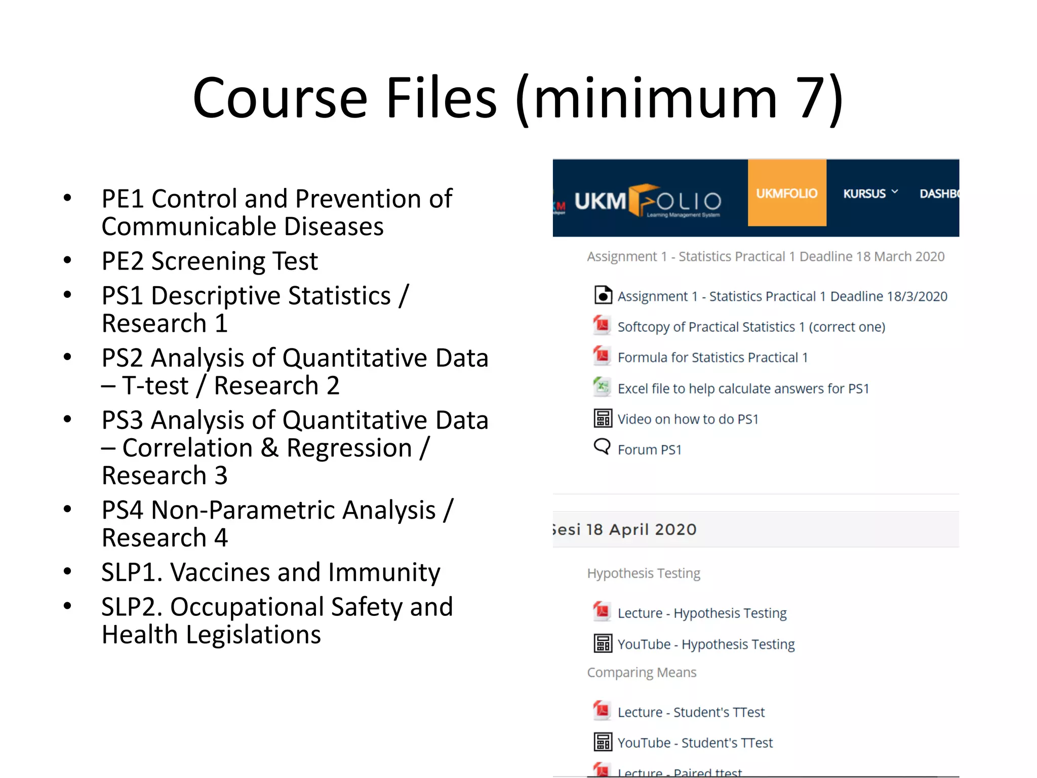 Course Files (minimum 7)
• PE1 Control and Prevention of
Communicable Diseases
• PE2 Screening Test
• PS1 Descriptive Statistics /
Research 1
• PS2 Analysis of Quantitative Data
– T-test / Research 2
• PS3 Analysis of Quantitative Data
– Correlation & Regression /
Research 3
• PS4 Non-Parametric Analysis /
Research 4
• SLP1. Vaccines and Immunity
• SLP2. Occupational Safety and
Health Legislations
 