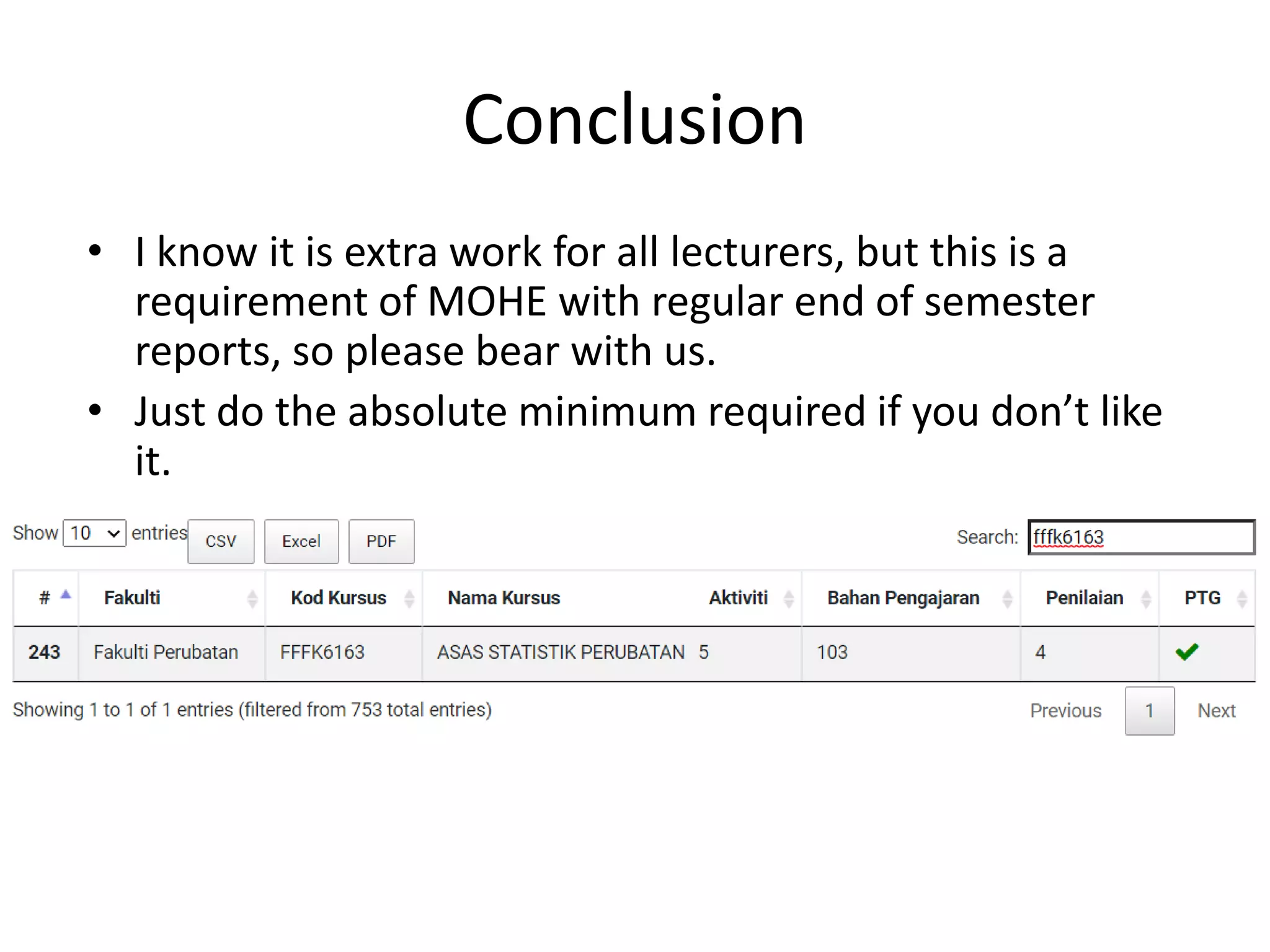 Conclusion
• I know it is extra work for all lecturers, but this is a
requirement of MOHE with regular end of semester
reports, so please bear with us.
• Just do the absolute minimum required if you don’t like
it.
 
