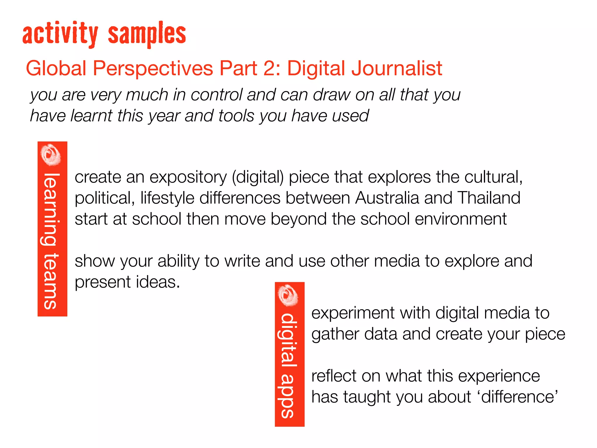 activity samples
Global Perspectives Part 2: Digital Journalist
you are very much in control and can draw on all that you
have learnt this year and tools you have used


                  create an expository (digital) piece that explores the cultural,
 learning teams




                  political, lifestyle differences between Australia and Thailand
                  start at school then move beyond the school environment

                  show your ability to write and use other media to explore and
                  present ideas.
                                                             experiment with digital media to
                                              digital apps

                                                             gather data and create your piece

                                                             reﬂect on what this experience
                                                             has taught you about ‘difference’
 