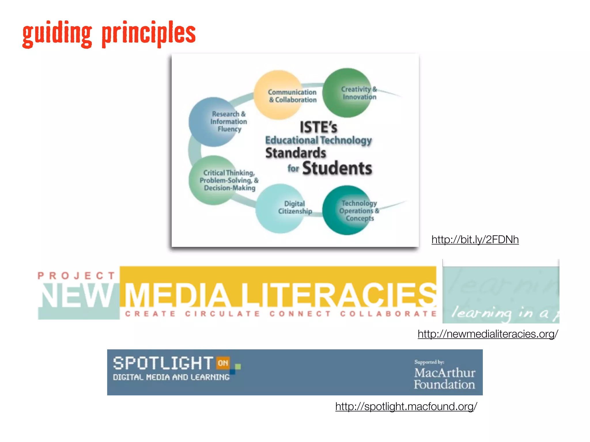 guiding principles




                                         http://bit.ly/2FDNh




                                      http://newmedialiteracies.org/




                     http://spotlight.macfound.org/
 
