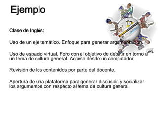 Ejemplo
Clase de Inglés:

Uso de un eje temático. Enfoque para generar argumentación.

Uso de espacio virtual. Foro con el objetivo de debatir en torno a
un tema de cultura general. Acceso desde un computador.

Revisión de los contenidos por parte del docente.

Apertura de una plataforma para generar discusión y socializar
los argumentos con respecto al tema de cultura general
 