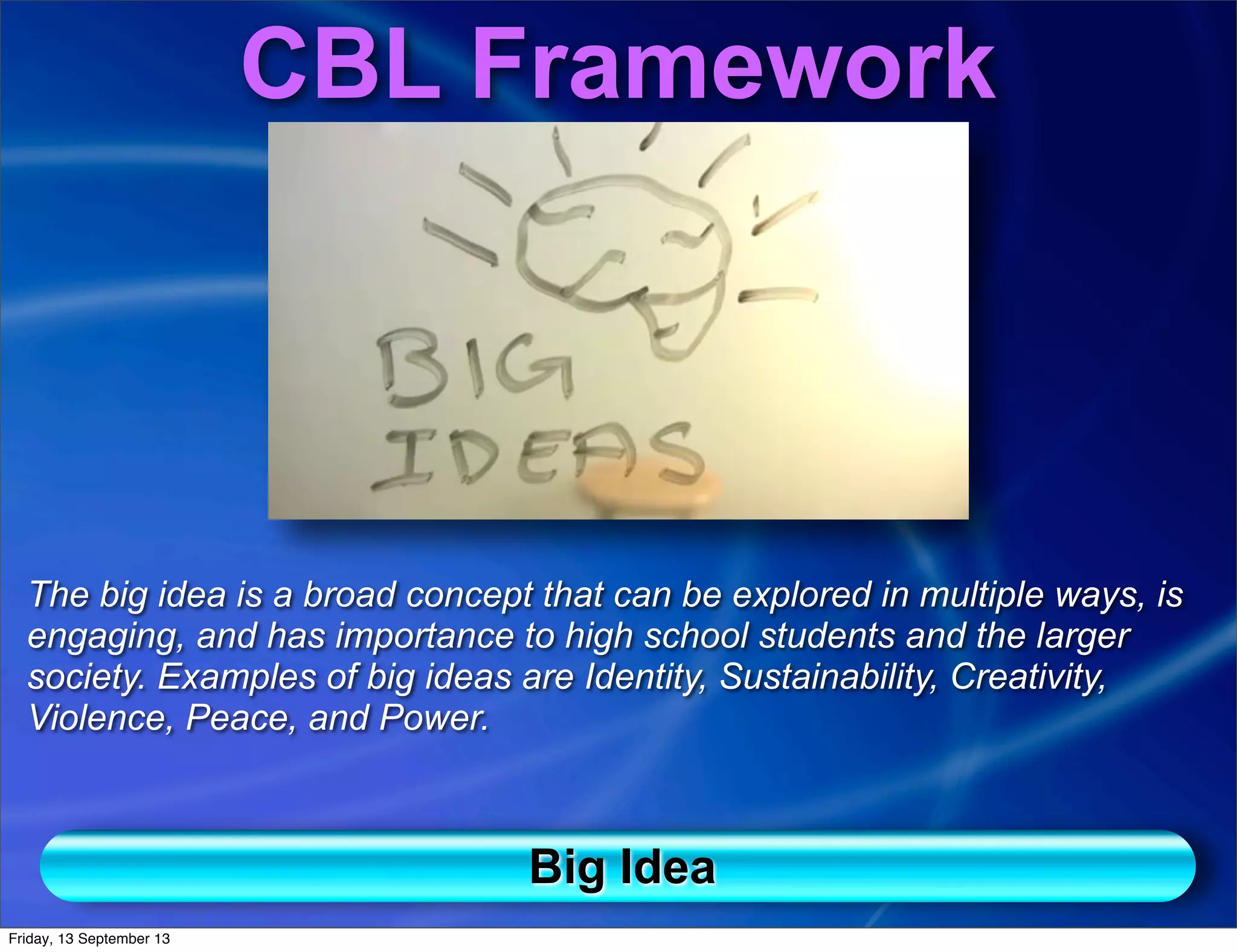 CBL Framework
The big idea is a broad concept that can be explored in multiple ways, is
engaging, and has importance to high school students and the larger
society. Examples of big ideas are Identity, Sustainability, Creativity,
Violence, Peace, and Power.
Big Idea
Friday, 13 September 13
 