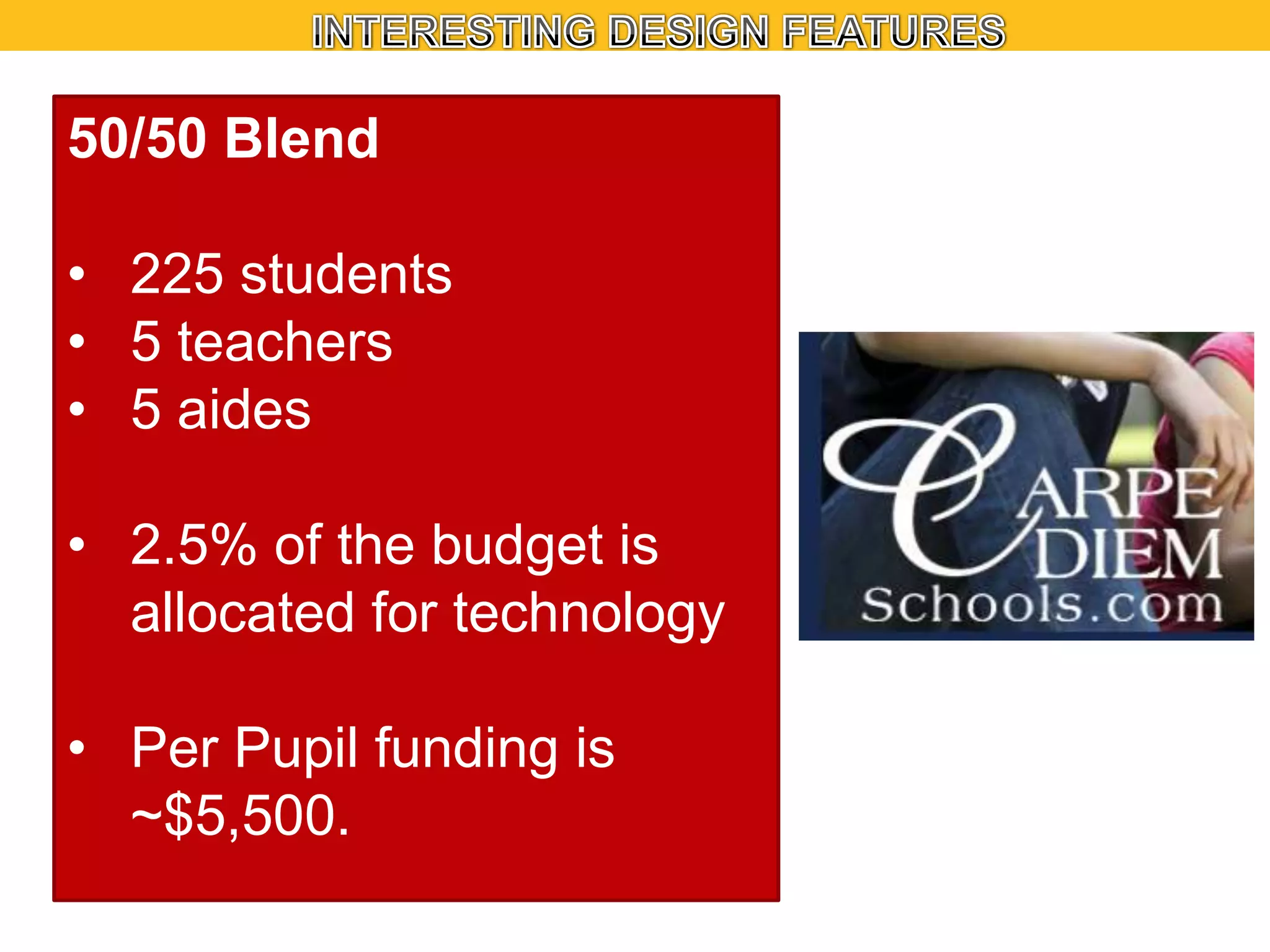 50/50 Blend
• 225 students
• 5 teachers
• 5 aides
• 2.5% of the budget is
allocated for technology
• Per Pupil funding is
~$5,500.

 