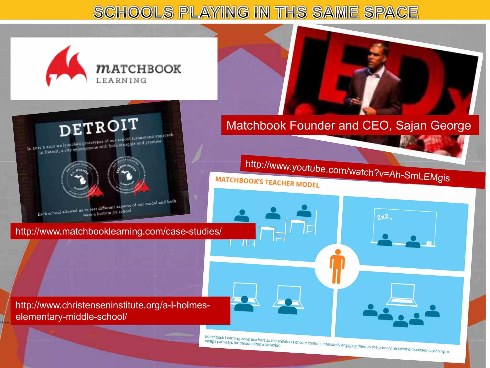 Matchbook Founder and CEO, Sajan George

http://www.matchbooklearning.com/case-studies/

http://www.christenseninstitute.org/a-l-holmeselementary-middle-school/

 