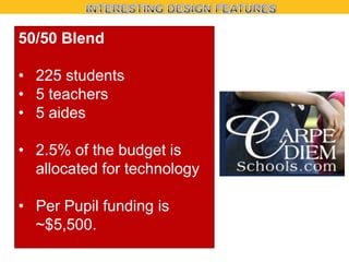 50/50 Blend
• 225 students
• 5 teachers
• 5 aides
• 2.5% of the budget is
allocated for technology
• Per Pupil funding is
~$5,500.

 