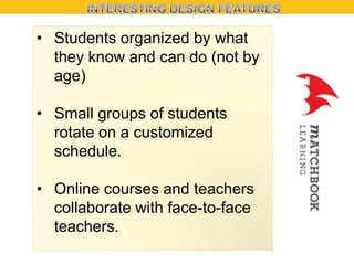 • Students organized by what
they know and can do (not by
age)
• Small groups of students
rotate on a customized
schedule.
• Online courses and teachers
collaborate with face-to-face
teachers.

 