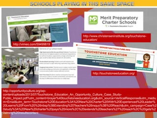 http://www.christenseninstitute.org/touchstoneeducation/
http://vimeo.com/59499819

http://touchstoneeducation.org/

http://opportunityculture.org/wpcontent/uploads/2013/07/Touchstone_Education_An_Opportunity_Culture_Case_StudyPublic_Impact.pdf?utm_content=brayer%40touchstoneeducation.org&utm_source=VerticalResponse&utm_mediu
m=Email&utm_term=Touchstone%20Education%3A%20New%20Charter%20With%20Experienced%20Leader%
20Learns%20From%20%26nbsp%3BExtending%20Teachers%26rsquo%3B%20Reach&utm_campaign=Case%2
0study%3A%20New%20charter%20pays%20more%2C%20extends%20teachers%27%20reach%2C%20gets%2
0strong%20resultscontent

 