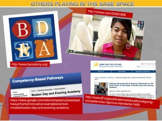 http://www.bacademy.org/

https://sites.google.com/site/competencybasedpat
hways/home/innovative-examples/schoolmodels/boston-day-and-evening-academy

 